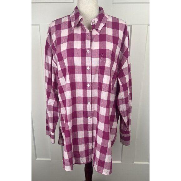 NWT Maeve Anthropologie Bennett Pink White Plaid Button Down Shirt XL Oversized - Picture 4 of 15